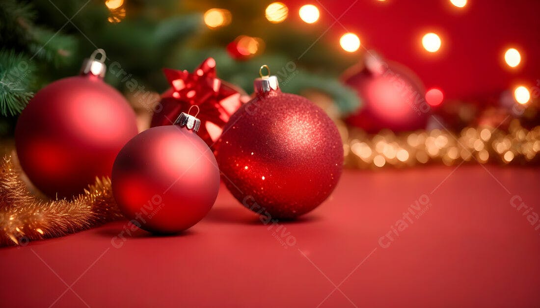 Enfeites de Natal vermelhos sobre fundo vermelho