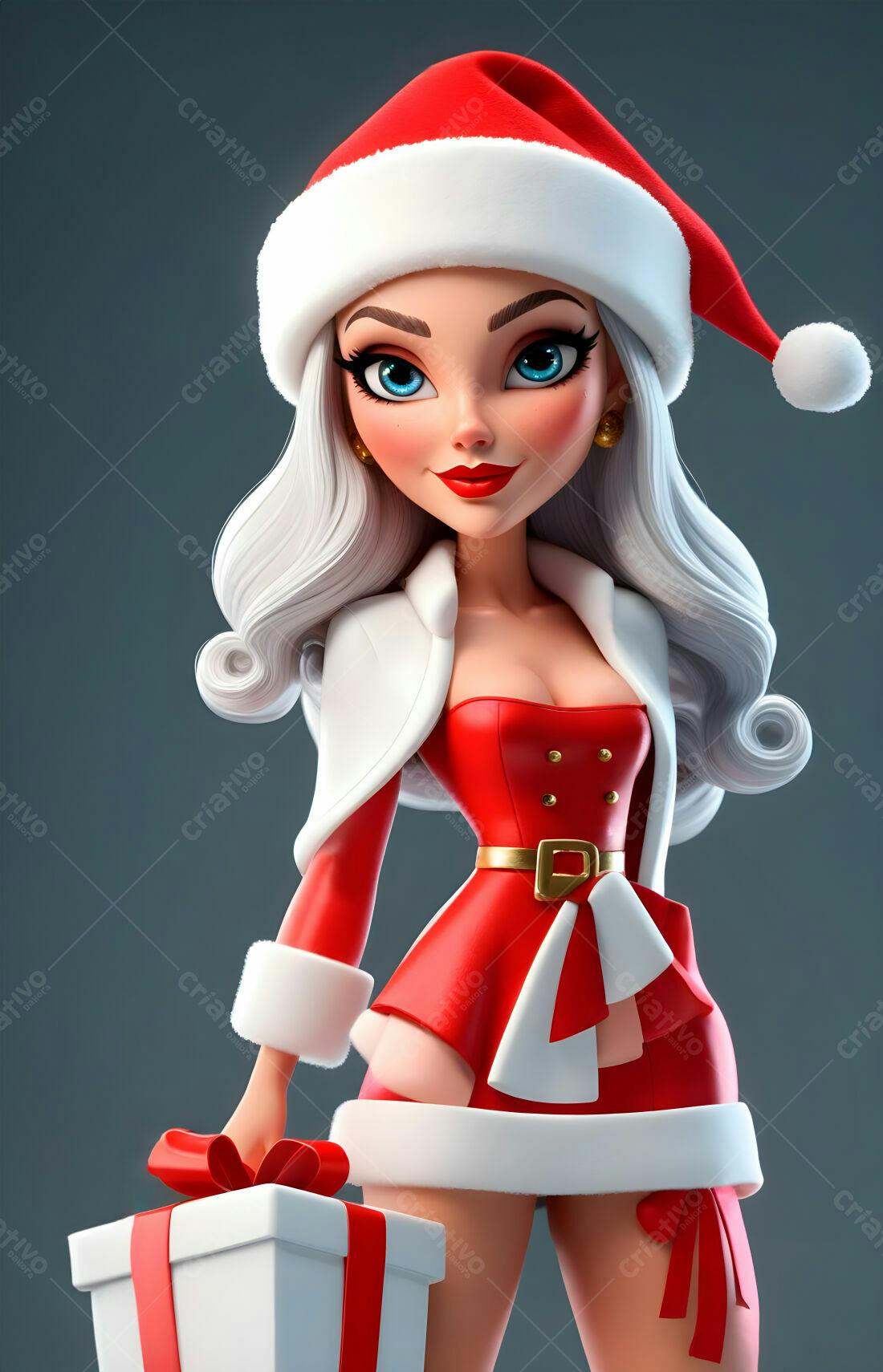 Garota Natalina com Presente Vermelho e Branco