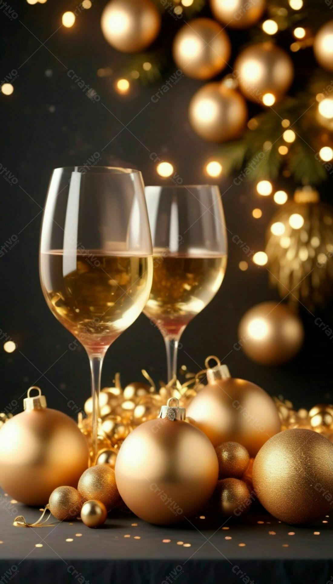 Duas taças de vinho branco e enfeites dourados Natal