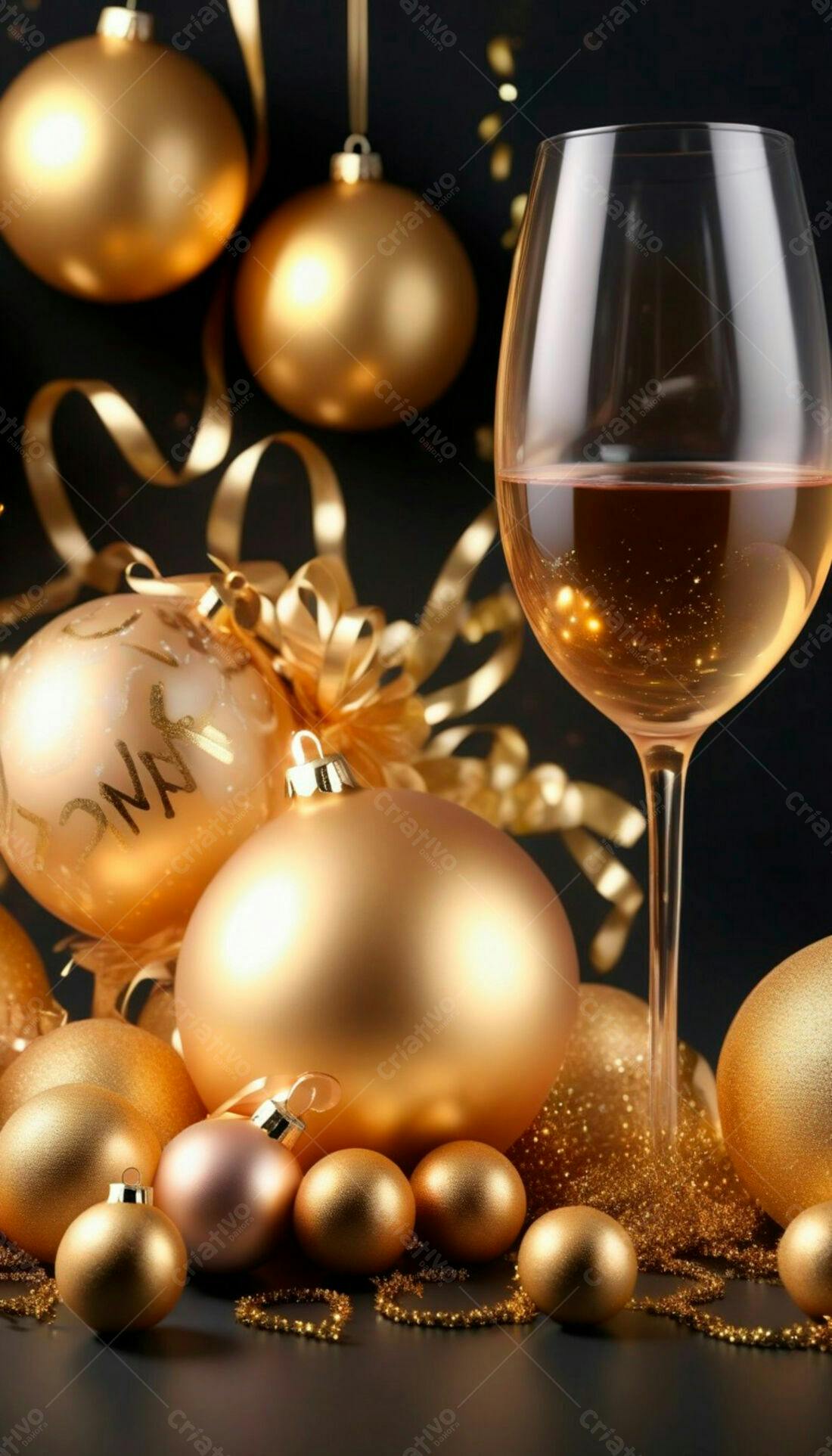 Taça de champanhe dourado e bolas de Natal