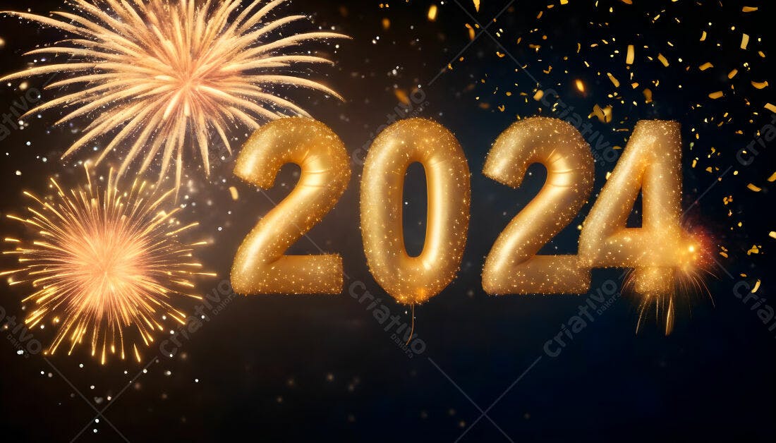 Balões dourados 2024 com fogos de artifício