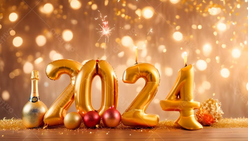 Imagem de fundo para composição de ano novo com luzes e confetes dourados