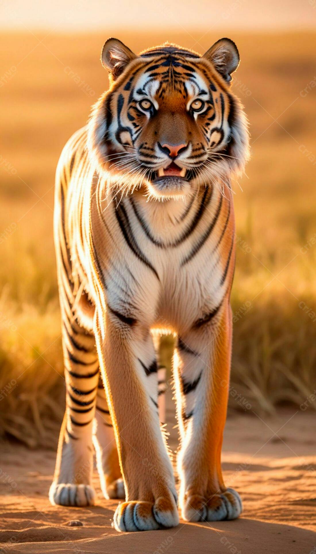 Tigre caminhando ao pôr do sol