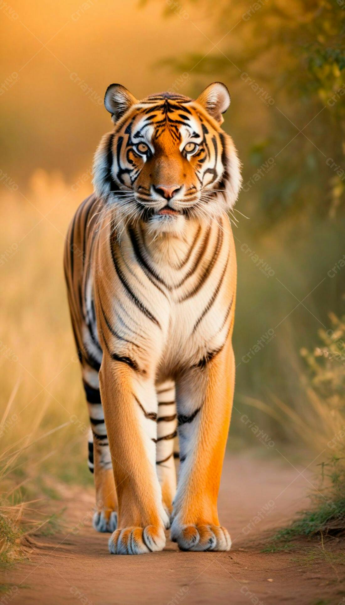 Tigre caminhando em trilha ao entardecer