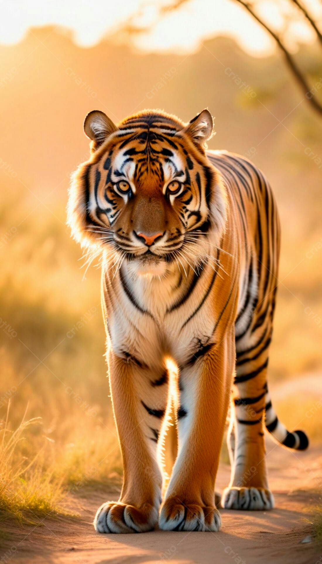 Tigre caminhando ao pôr do sol