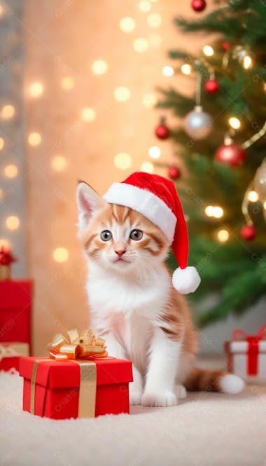 Imagem de um gatinho fofo usando um chapéu de papai noel em um fundo de natal 1