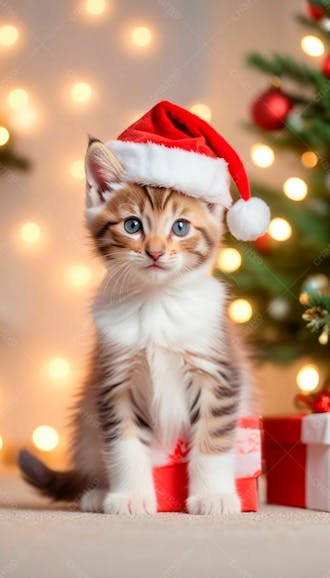 Imagem de um gatinho fofo usando um chapéu de papai noel em um fundo de natal 2