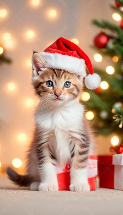 Imagem De Um Gatinho Fofo Usando Um Chapéu De Papai Noel Em Um Fundo De Natal 2