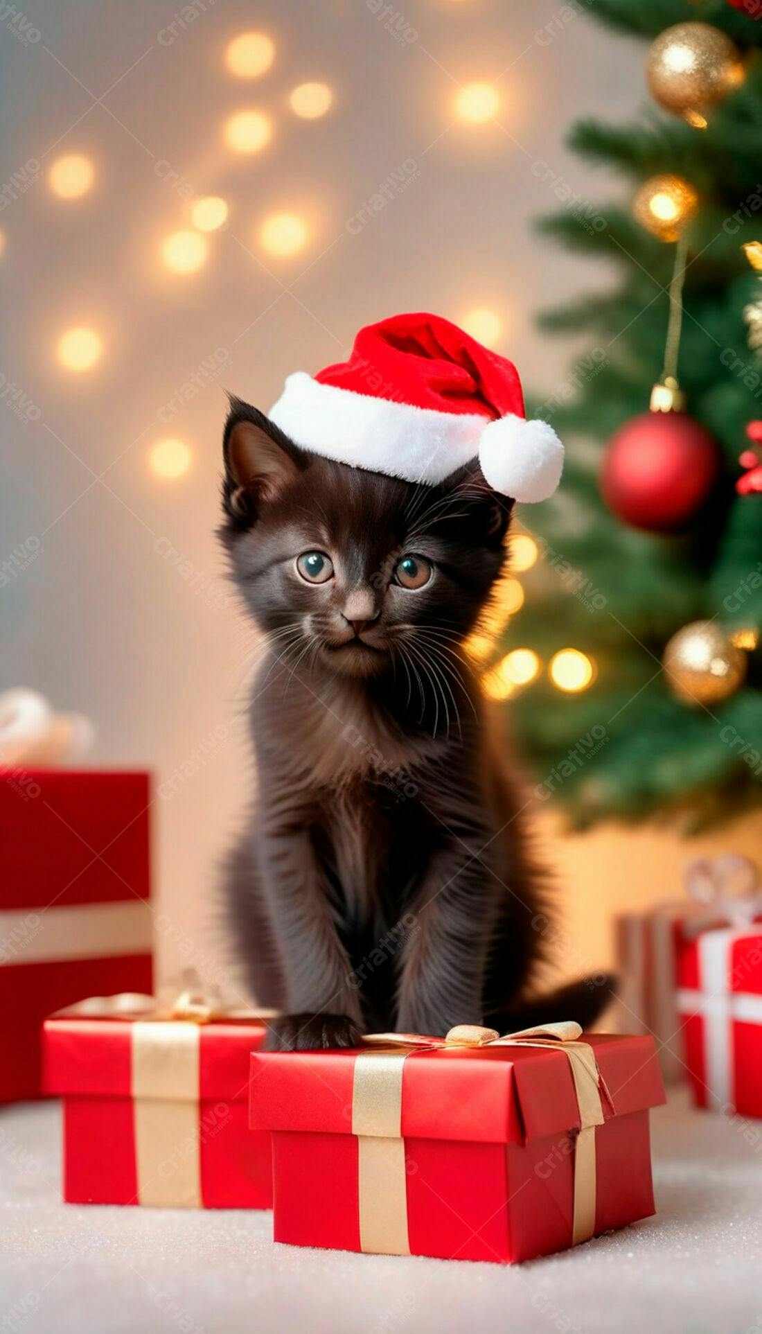 Gatinho marrom com chapéu de Papai Noel em Natal