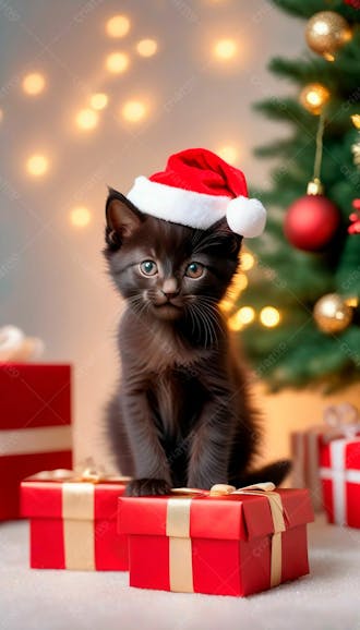 Imagem de um gatinho fofo usando um chapéu de papai noel em um fundo de natal 3