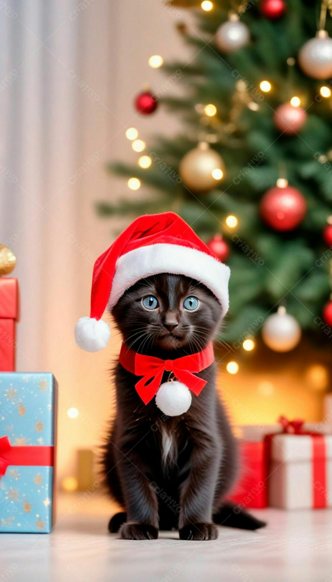Gatinho preto de Natal com chapéu e laço