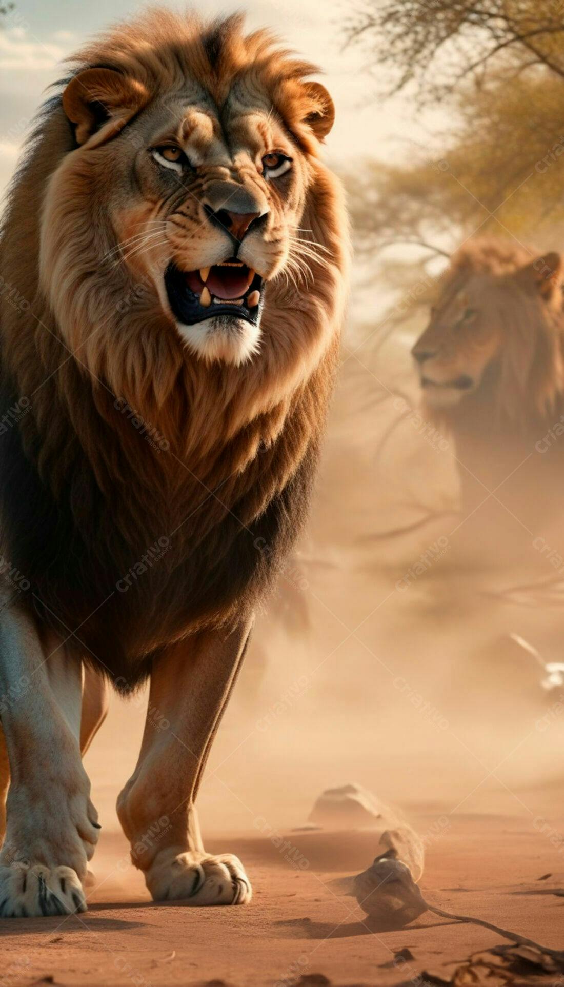 Leão na savana africana ao entardecer