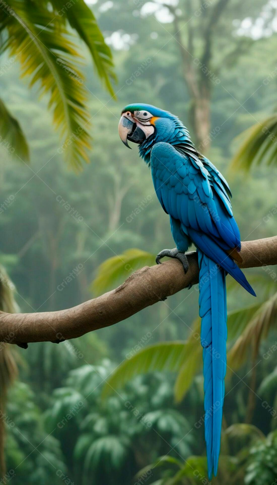 Arara-azul em galho na floresta tropical