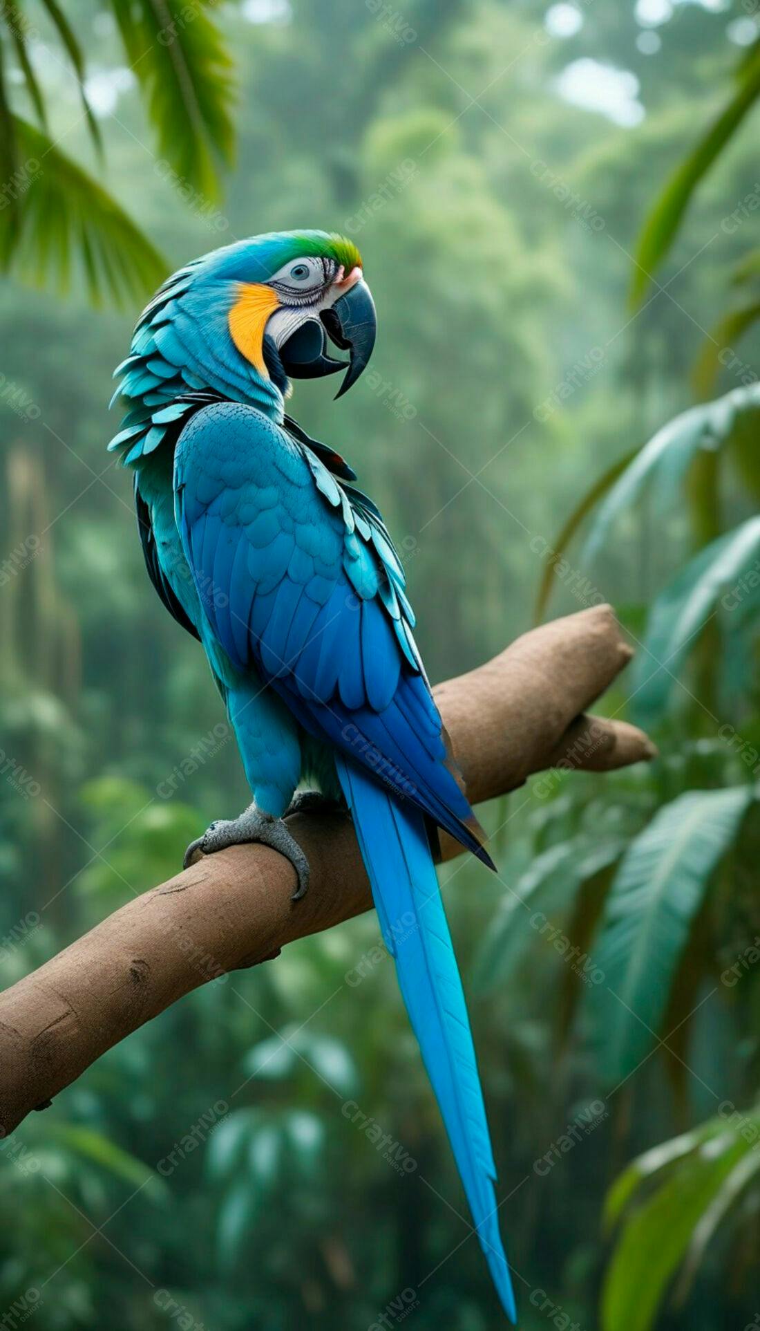 Arara-azul em galho na floresta