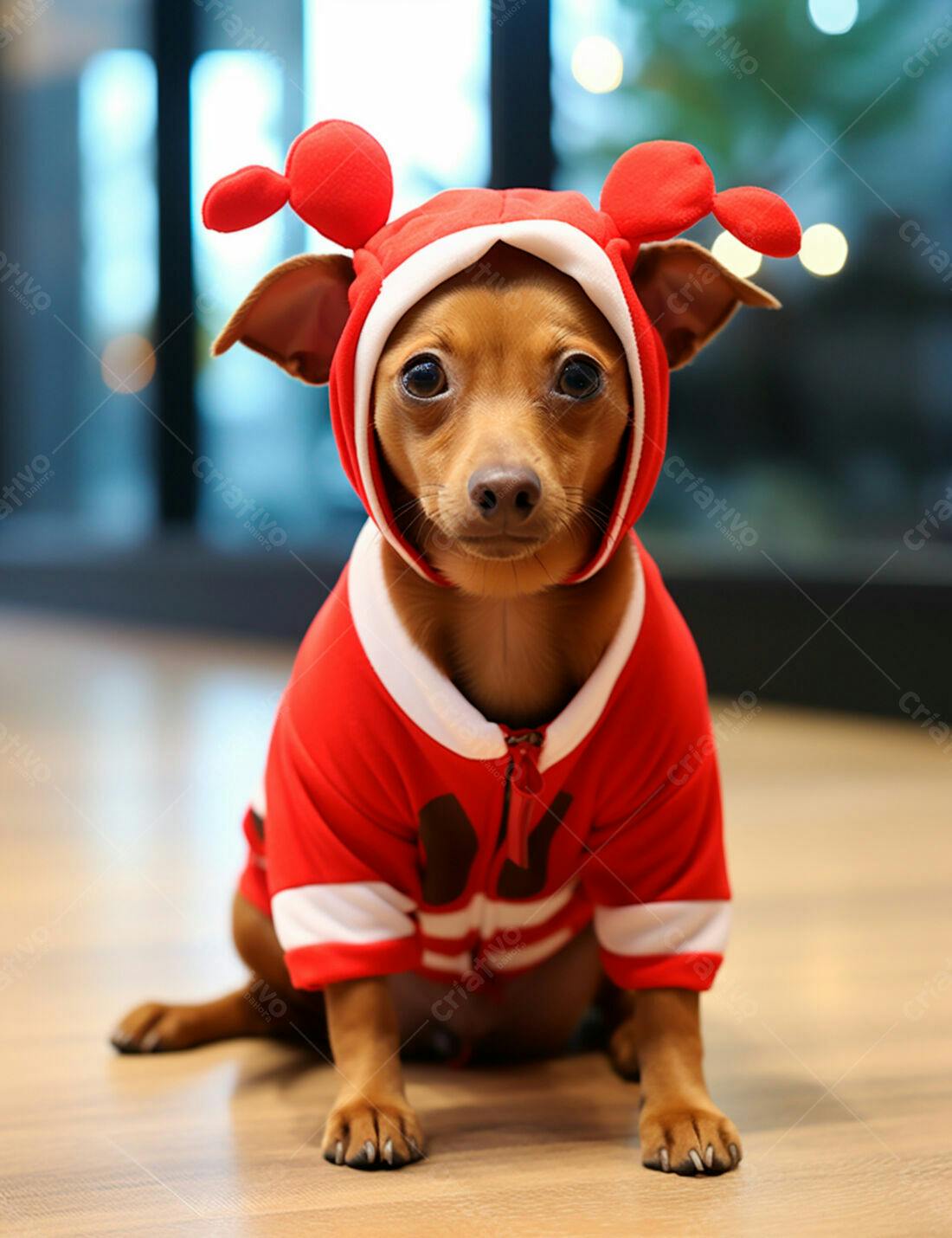 Cachorro Pinscher em roupa vermelha de lagosta