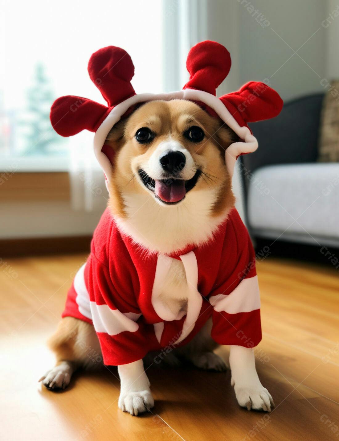 Corgi com roupa de Natal feliz