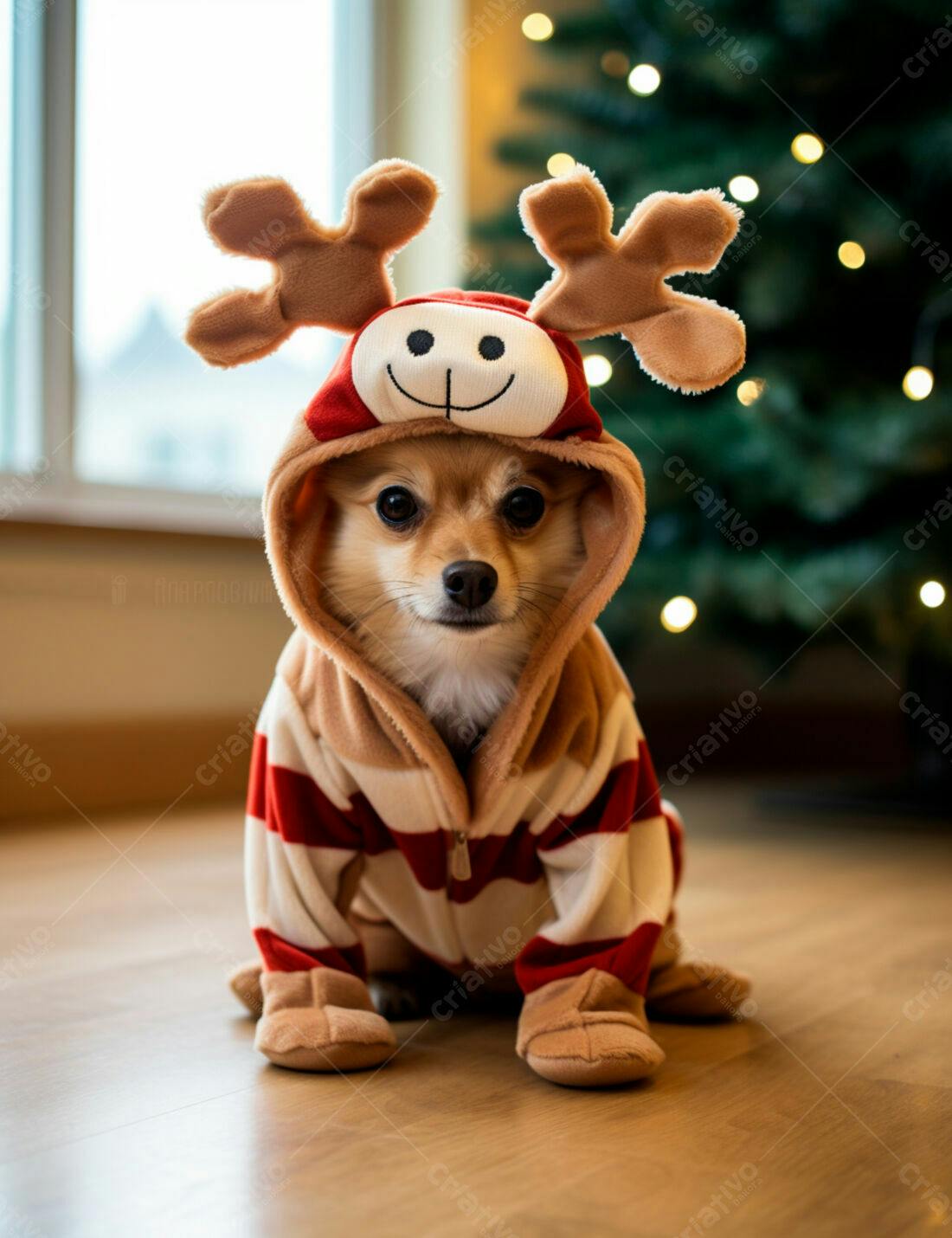 Cachorro Spitz Alemão em roupa de rena Natal