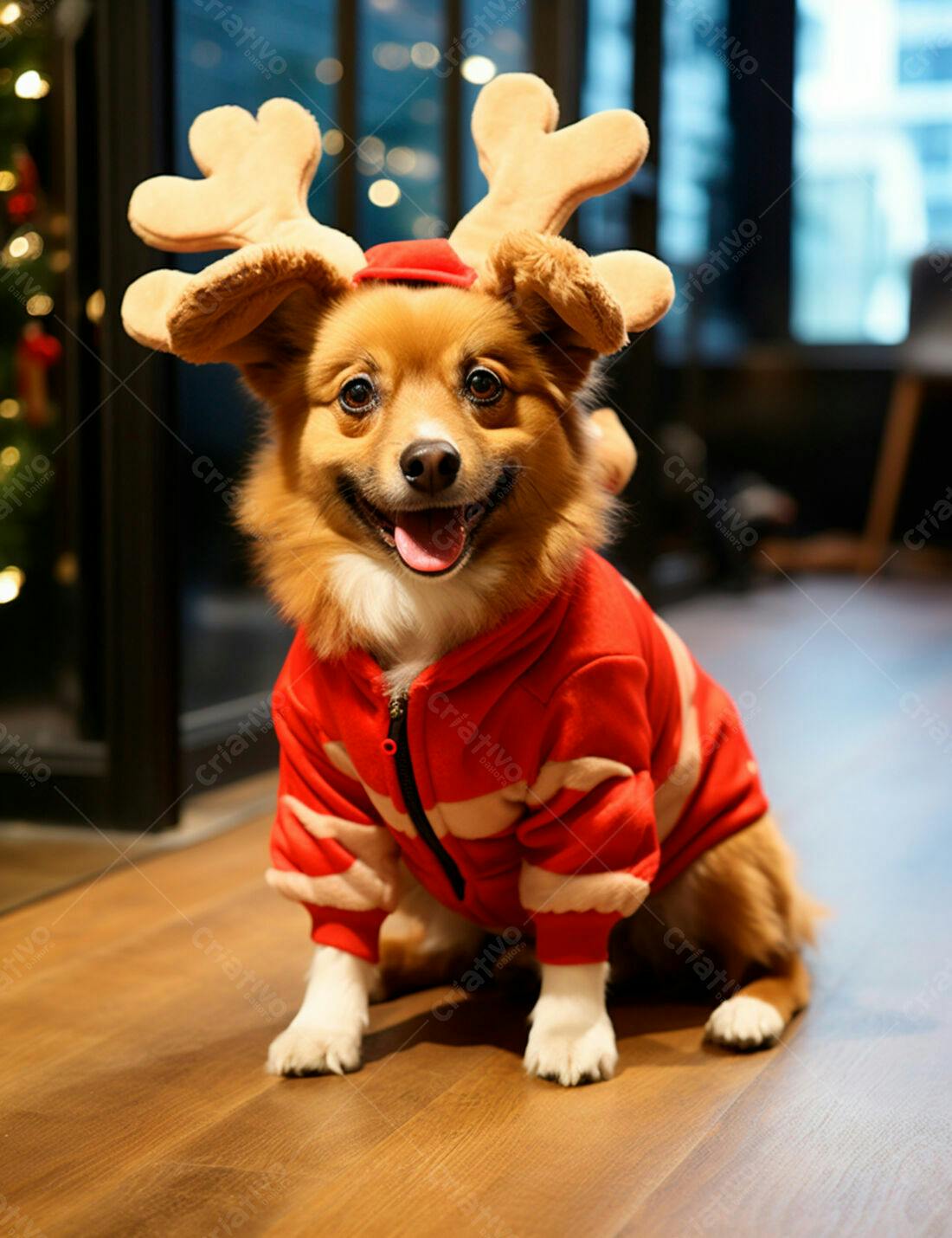Cachorro com roupa natalina e chifres de rena