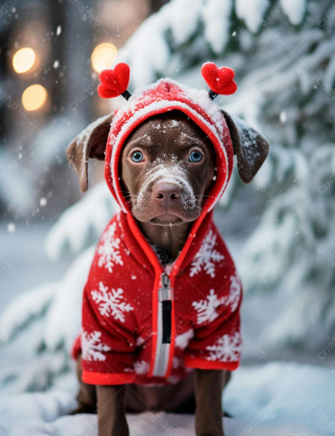 Filhote Pitbull na neve com roupa vermelha