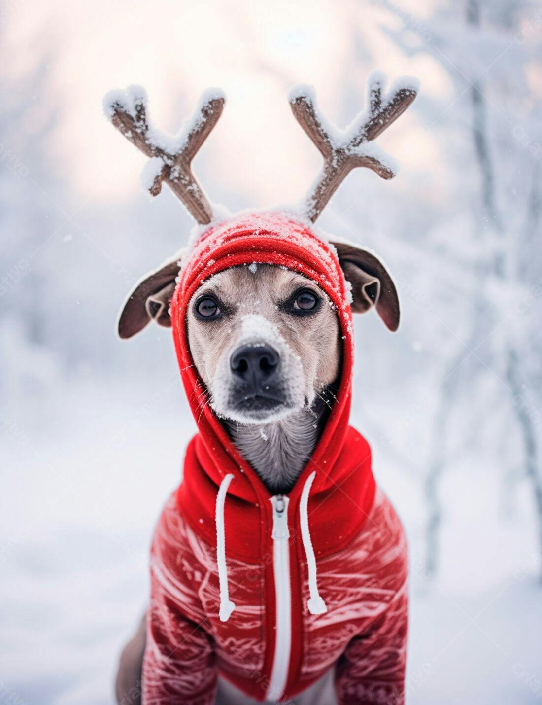 Cachorro com roupa de rena na neve