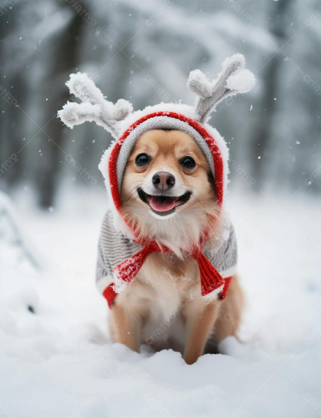 Cachorro com roupa de Natal na neve