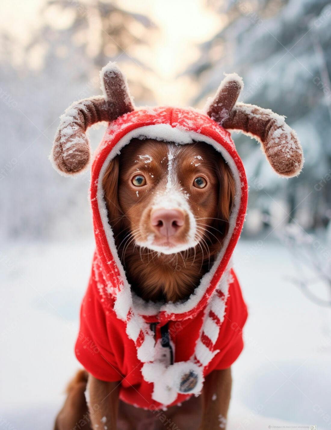 Cachorro com roupa de rena na neve