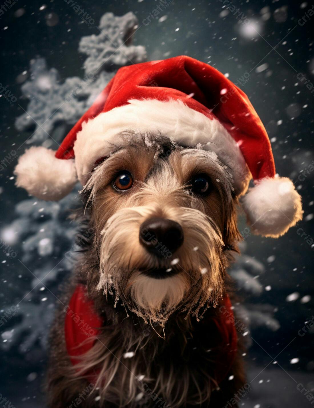 Cachorro com gorro natalino na neve