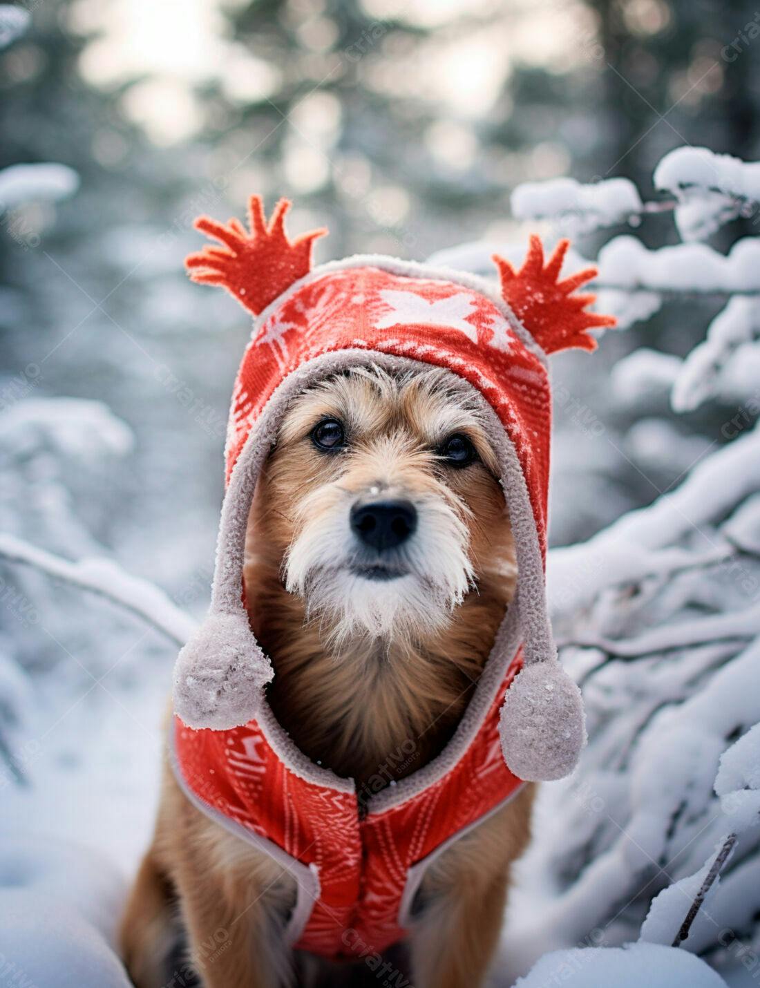 Cachorro fofo com gorro de Natal na neve