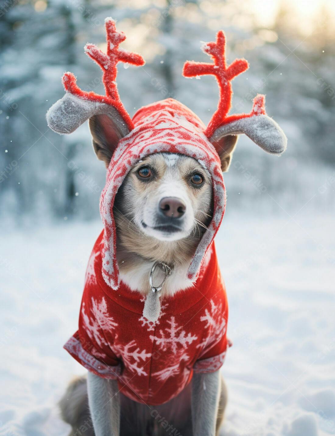 Cachorro com roupa de Natal na neve