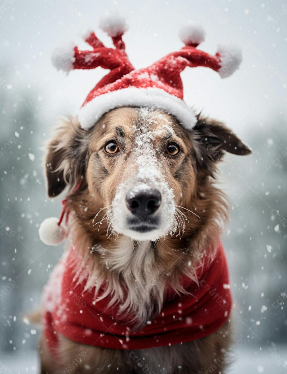 Cachorro com chapéu natalino na neve