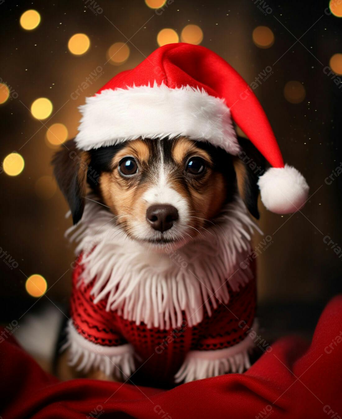 Cachorro com roupa de Natal fundo dourado