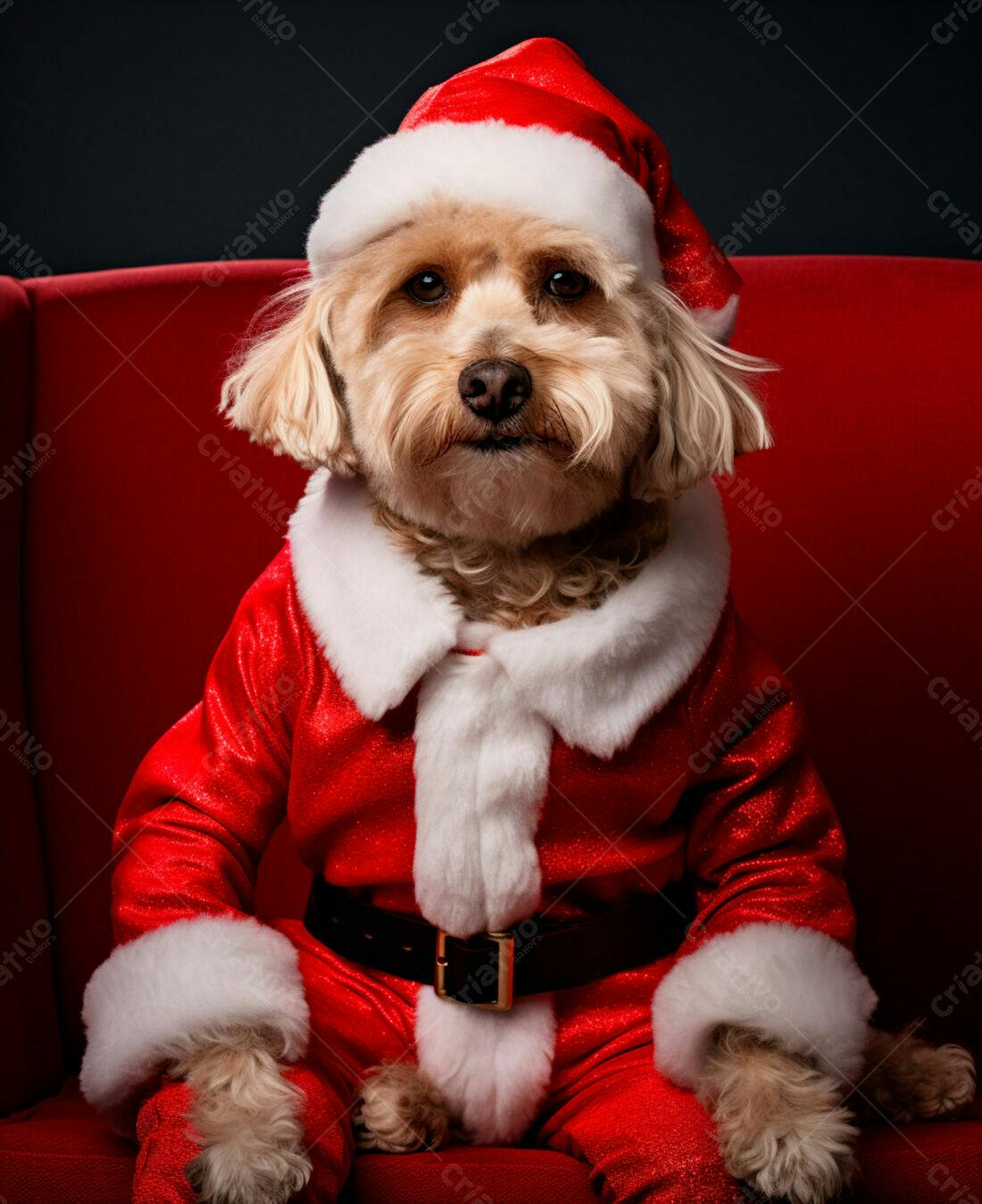 Cachorro Papai Noel em cadeira vermelha