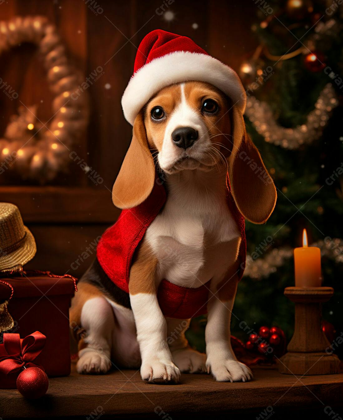 Cachorro Beagle Natalino com roupa vermelha