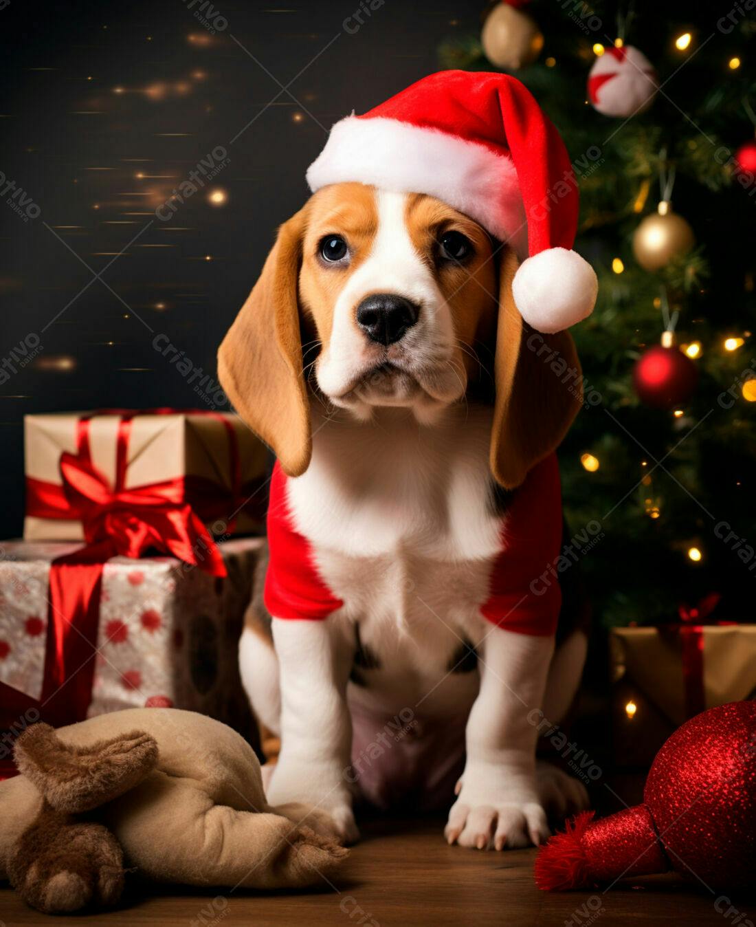 Cachorro Beagle de Natal com presentes