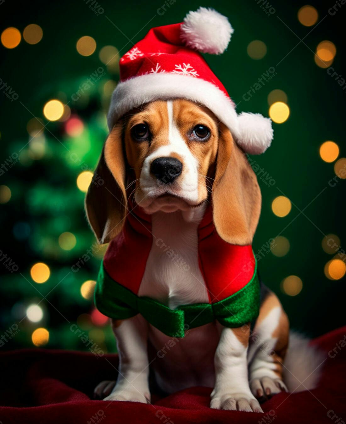 Cachorro Beagle de Natal com roupa vermelha