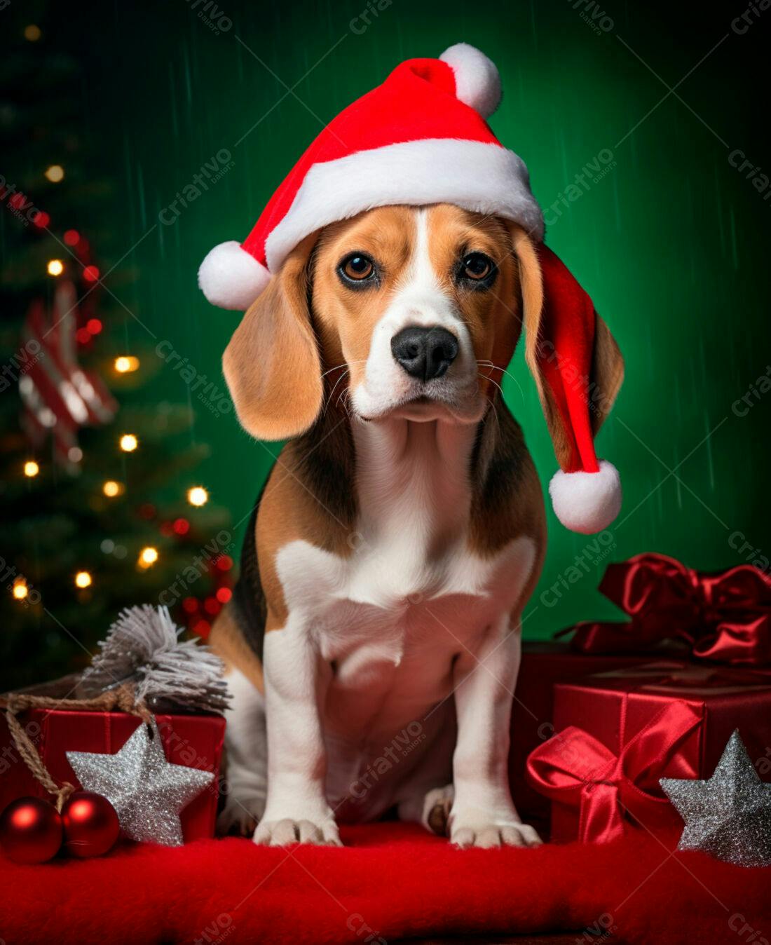 Beagle com chapéu de Natal presentes vermelhos