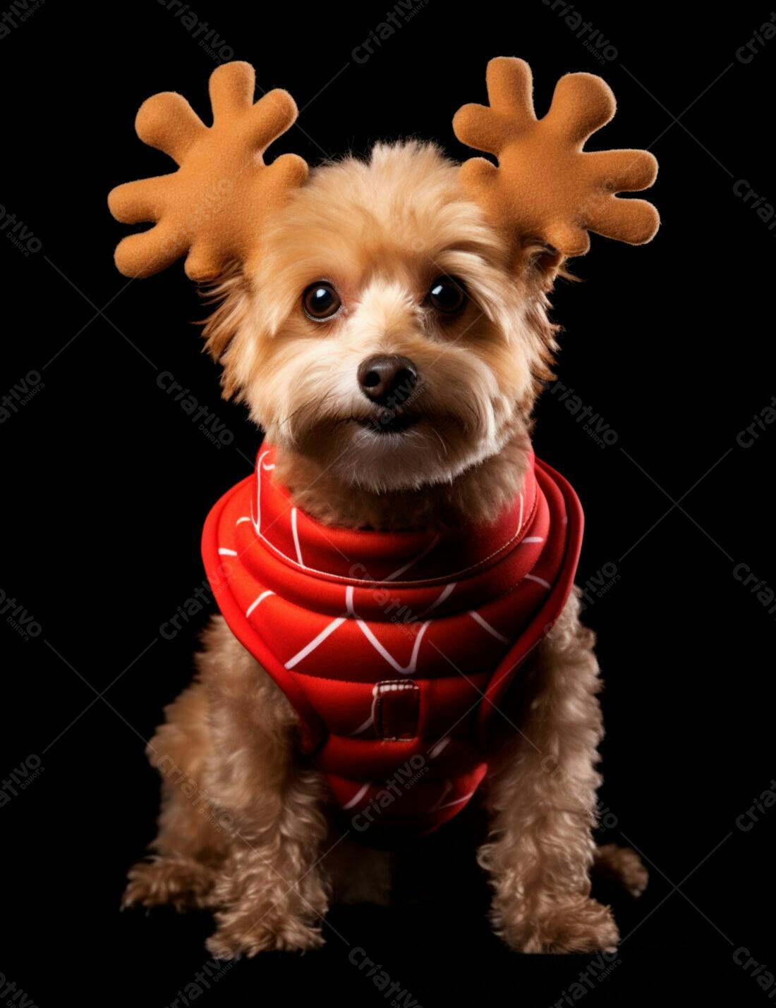 Cachorro com chifres de rena roupa vermelha Natal