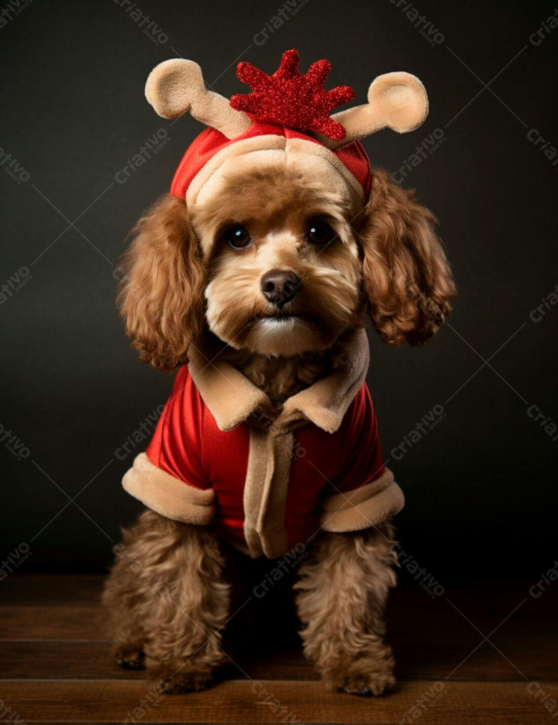 Cachorro poodle na roupa de Natal