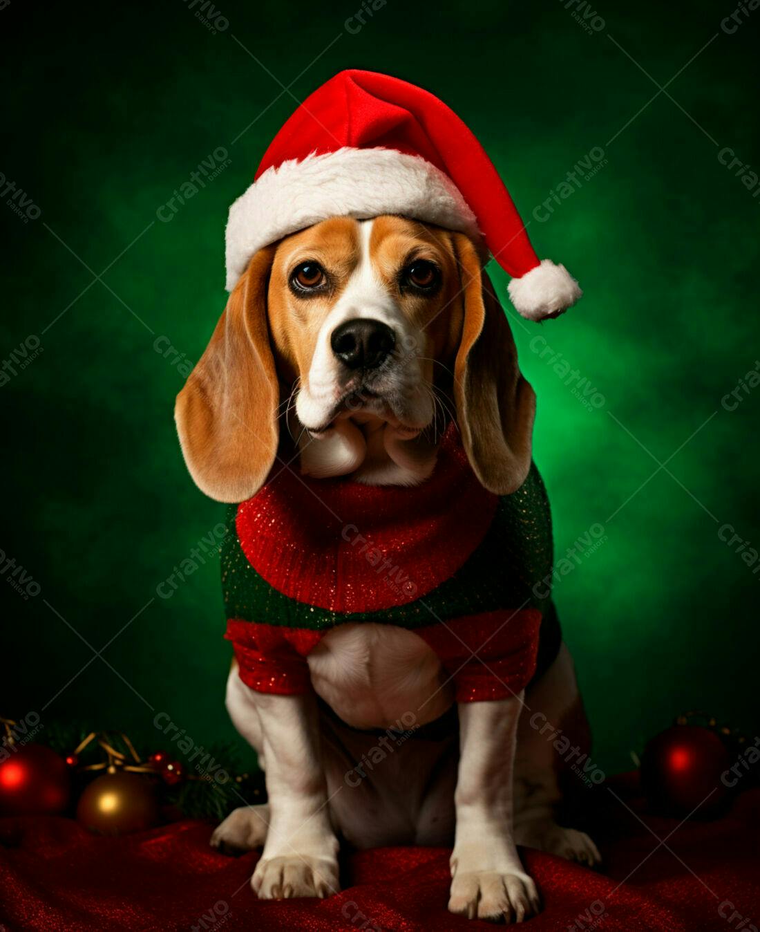Beagle de Natal com suéter vermelho e verde