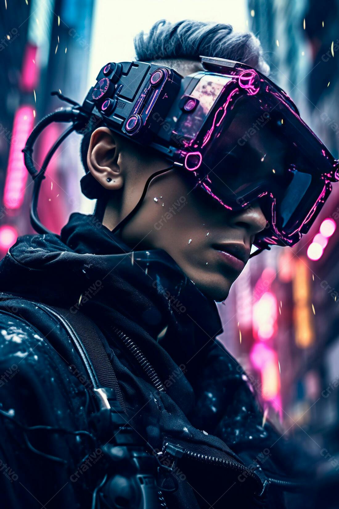 Pessoa com óculos futuristas em cidade cyberpunk