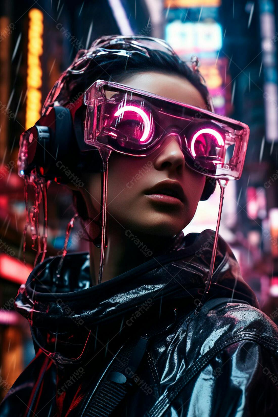 Mulher futurista em óculos neon na chuva