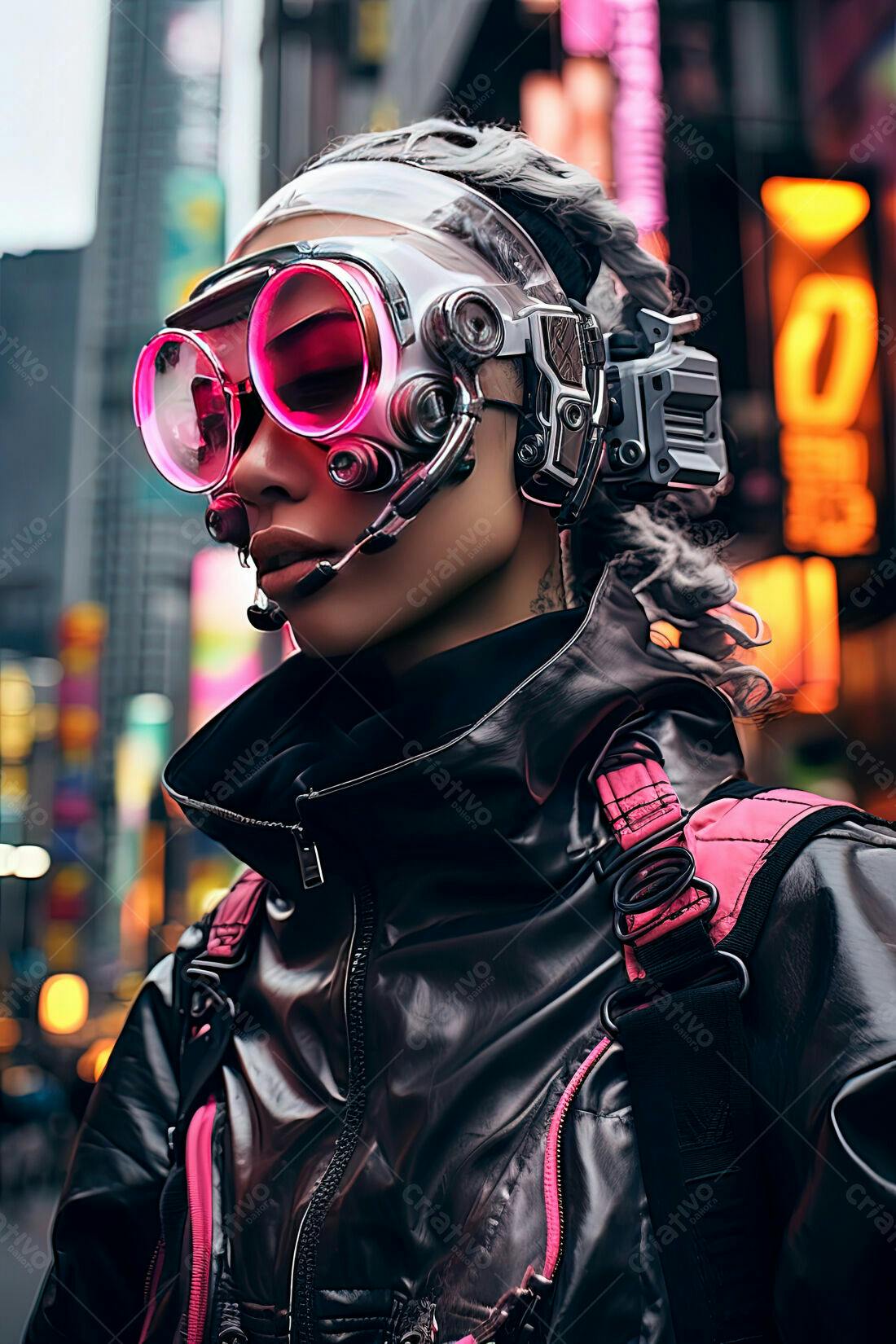 Cyberpunk mulher óculos futuristas cidade noturna