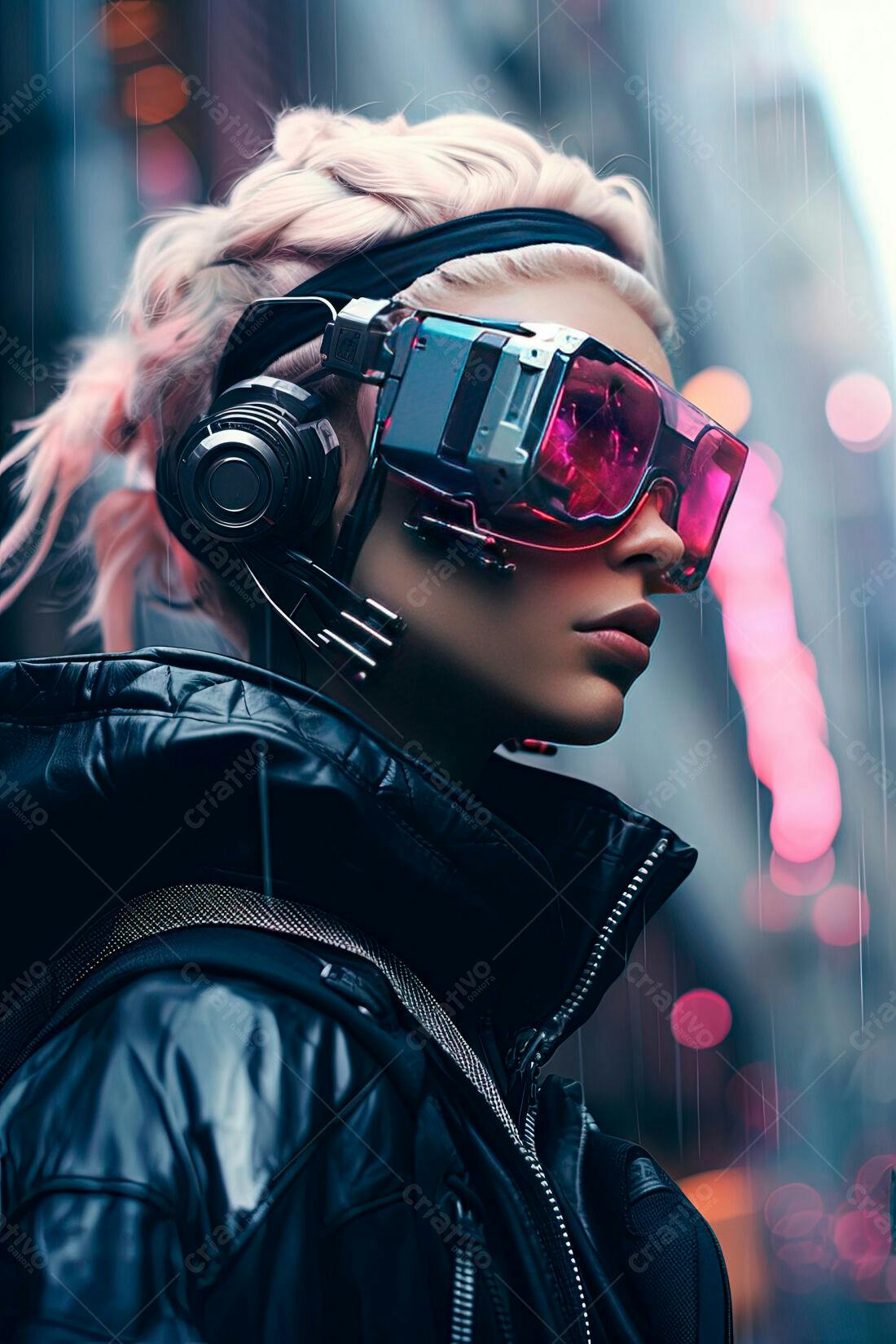 Mulher Cyberpunk em cidade chuvosa
