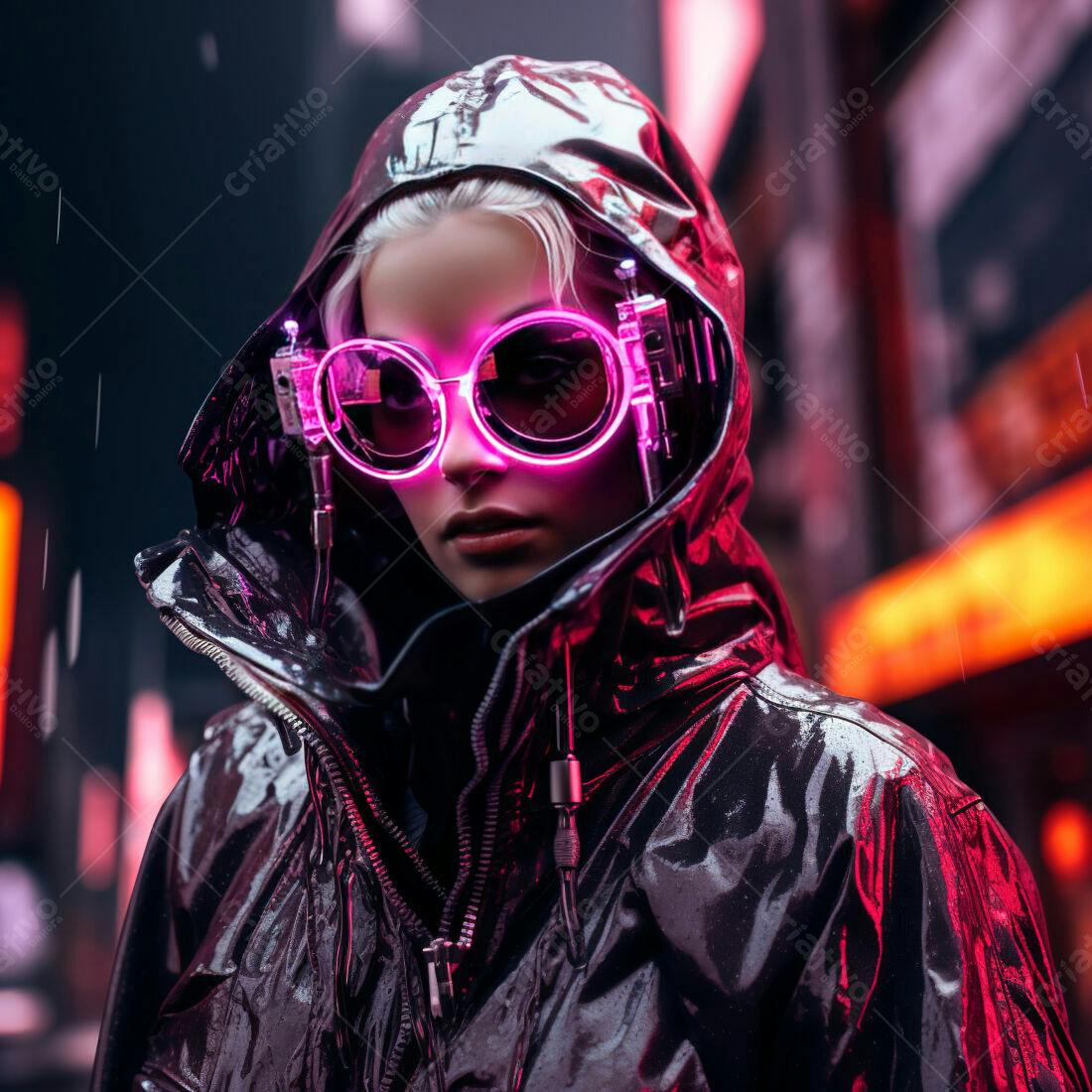 Cyberpunk mulher na chuva com óculos neon