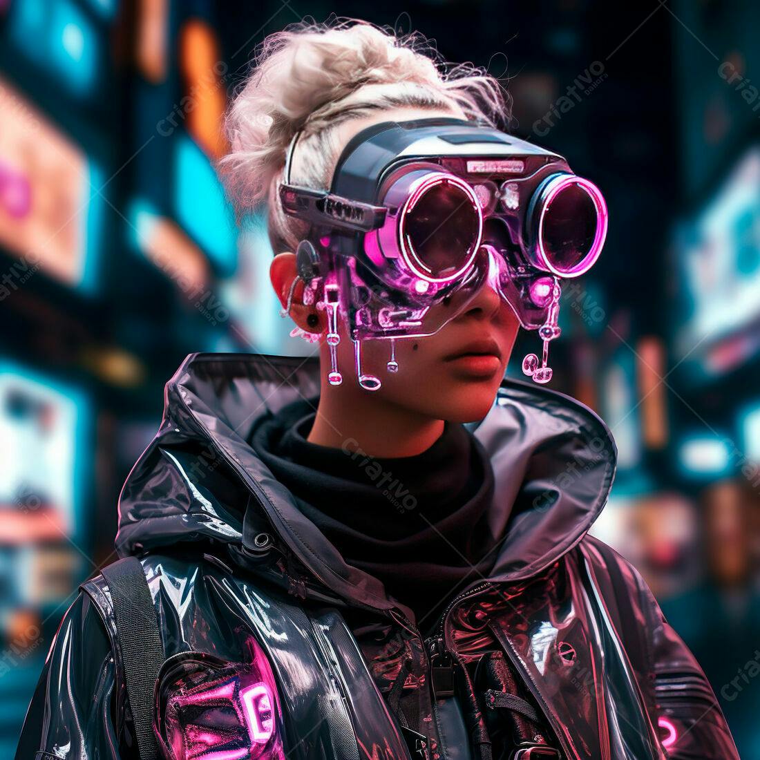 Mulher futurista com óculos neon em cidade noturna