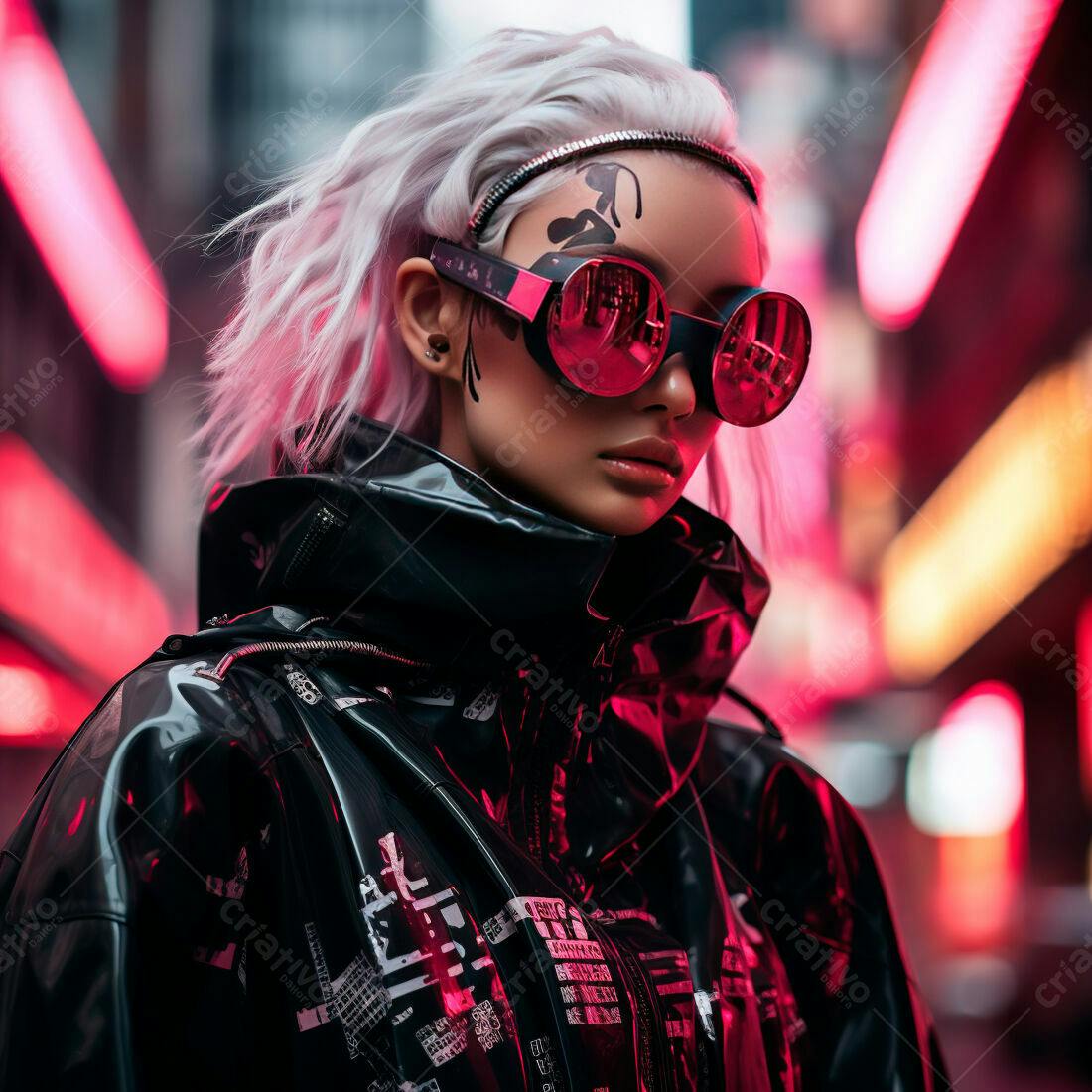 Modelo cyberpunk em rua neon
