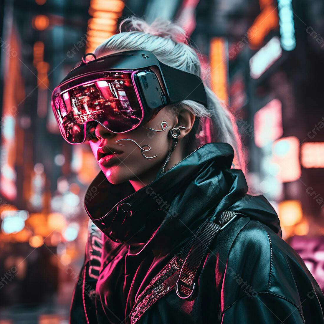 Mulher Cyberpunk com óculos futuristas em cidade noturna