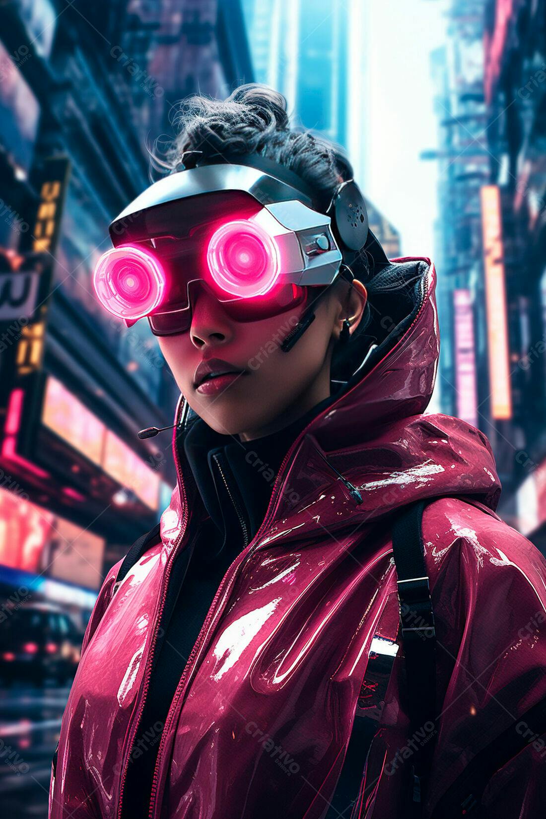Mulher futurista óculos neon cidade noturna