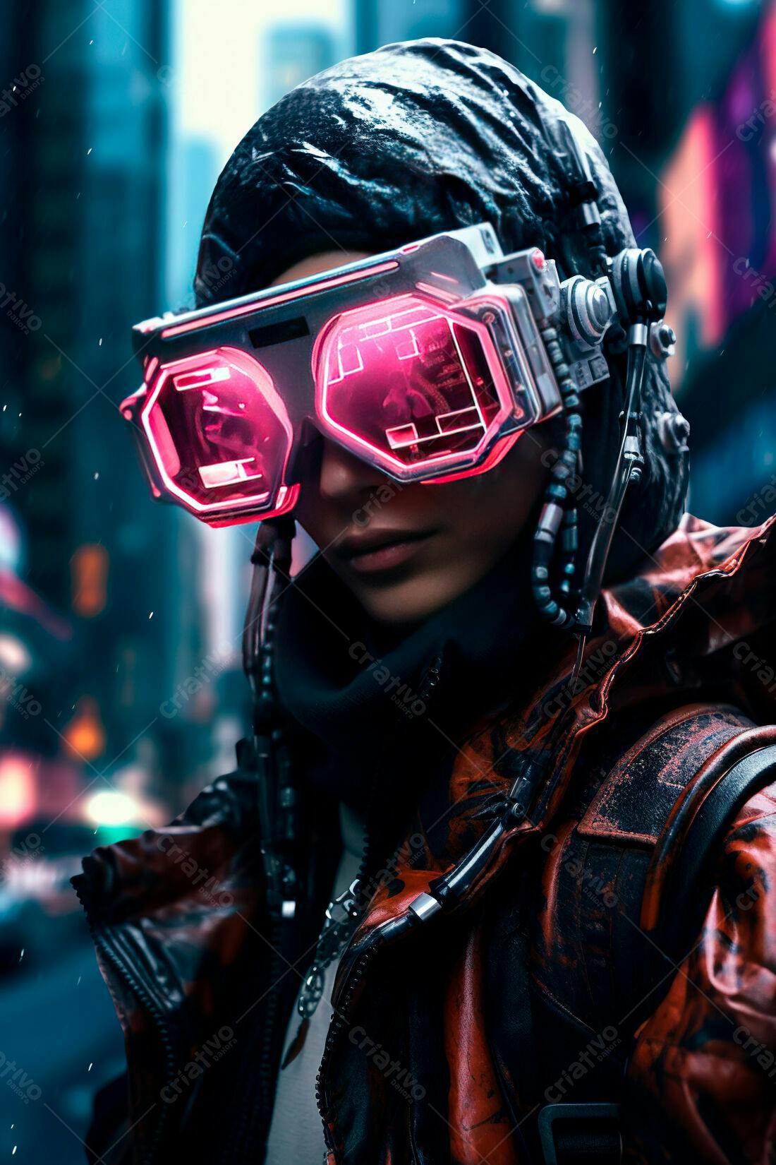 Cyberpunk mulher óculos futuristas cidade noite