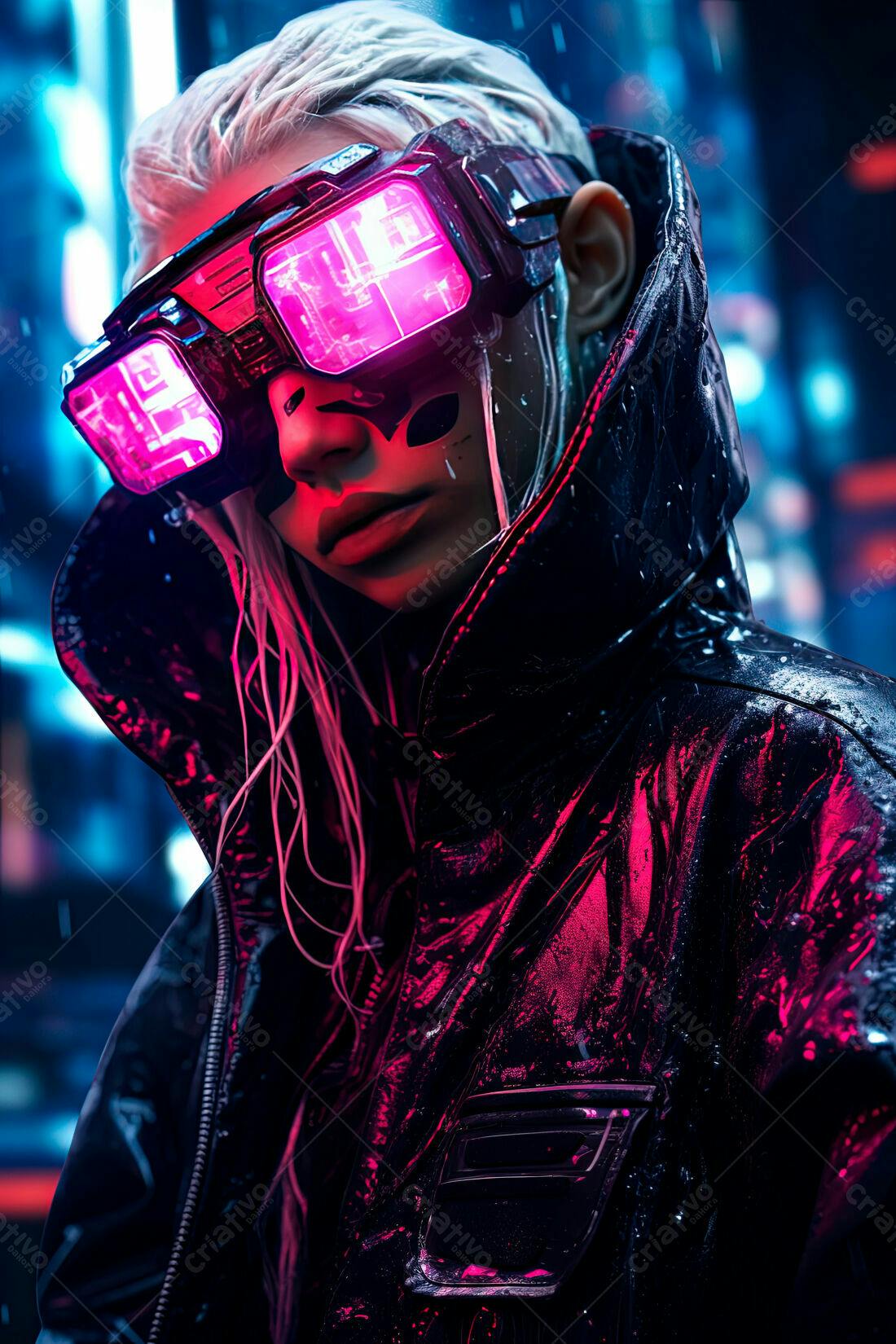 Cyberpunk mulher chuva neon óculos
